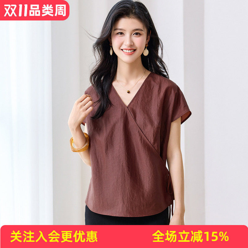 金菊红云纱真丝100%桑蚕丝上衣2026年夏纯色开衫V领女式T恤