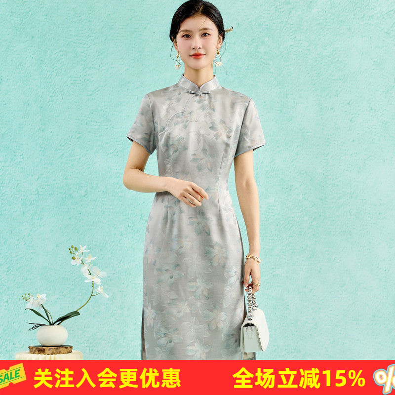 金菊旗开得胜19姆米桑蚕丝素雅花卉旗袍高级感25夏季新品连衣裙
