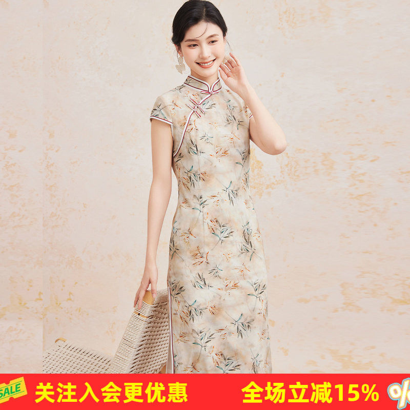金菊【桑蚕丝国风旗袍】26年新品立领包袖斜襟竹叶花卉女式连衣裙