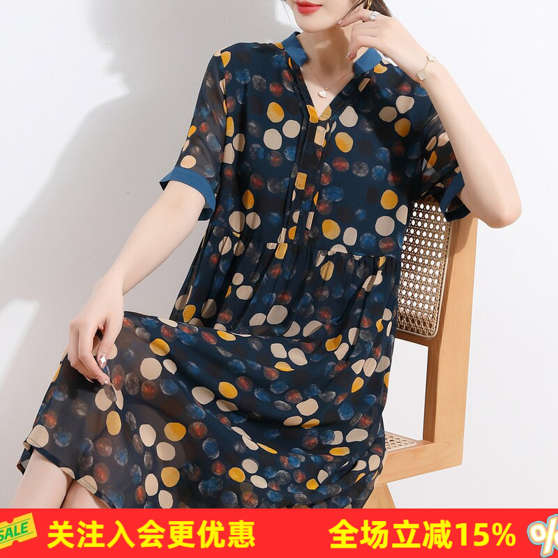 度假风高级波点印花衬衫裙V领桑蚕丝碎花裙透气夏短袖女式连衣裙