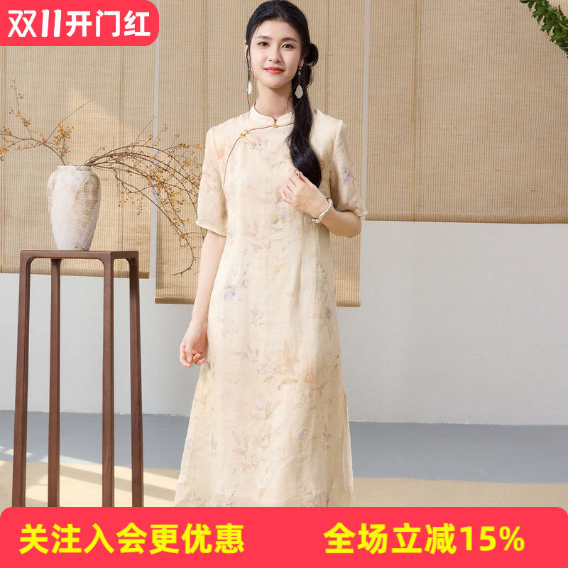 金菊改良旗袍【苎麻】2026年夏花卉印花优雅女式连衣裙