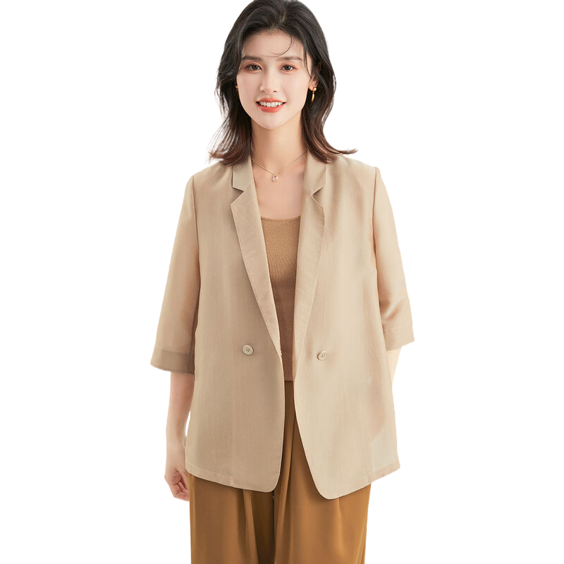 【含桑蚕丝小西装】春夏时尚西装领五分袖纯色上衣开衫女式外套