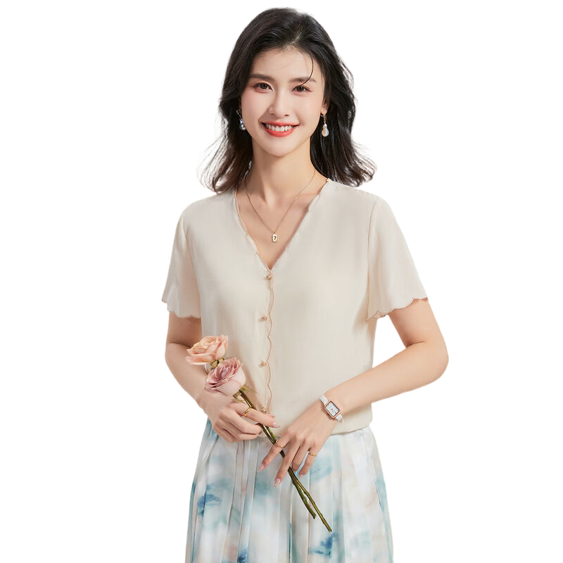 金菊100%真丝短袖春夏新款花边V领纯色衬衫桑蚕丝女式T恤
