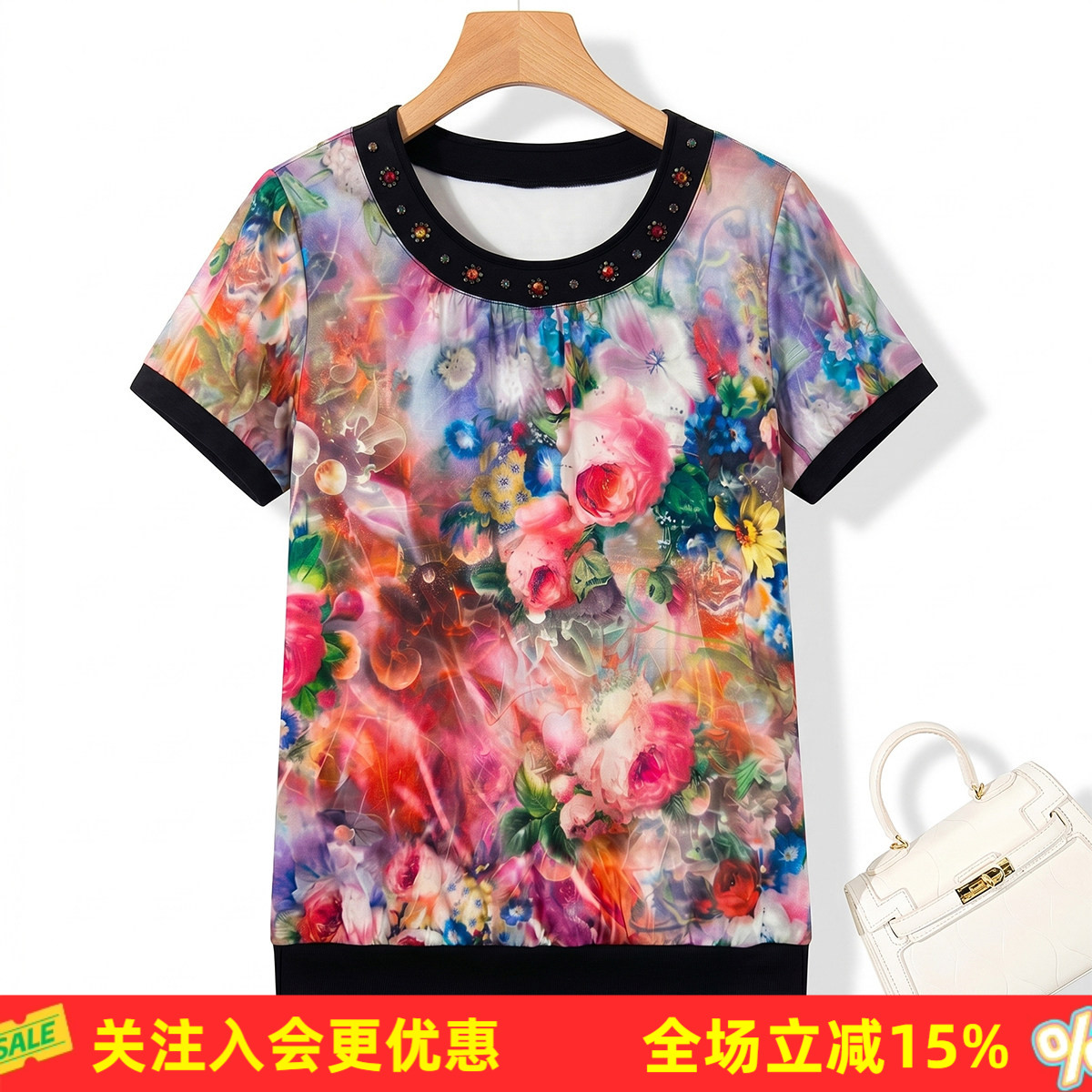 【桑蚕丝】圆领油画印花高级感妈妈装气质百搭夏季新款女式T恤