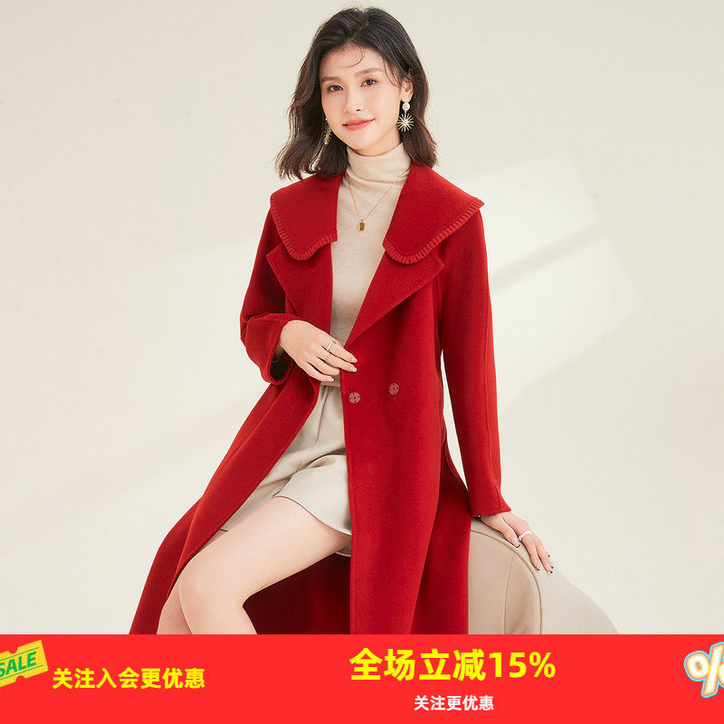 金菊绵羊毛100%西装领双面呢外套冬季新款显瘦手工外套女式大衣