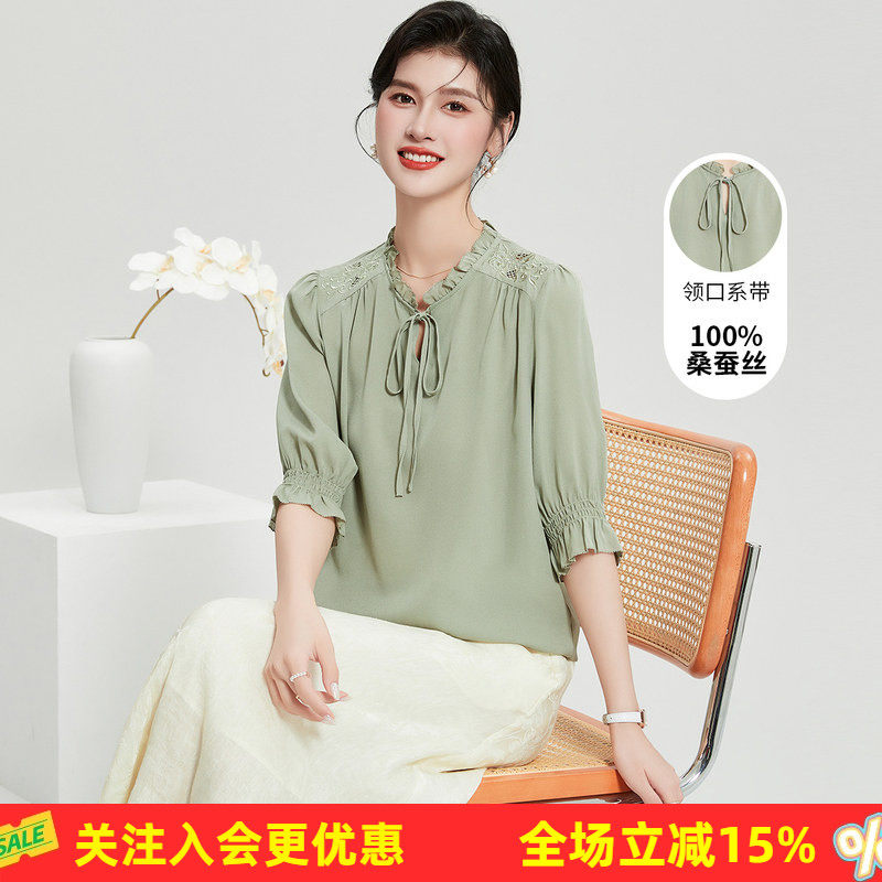 桑蚕丝真丝双绉!夏季纯色圆领系带五分袖上衣舒适透气女式T恤