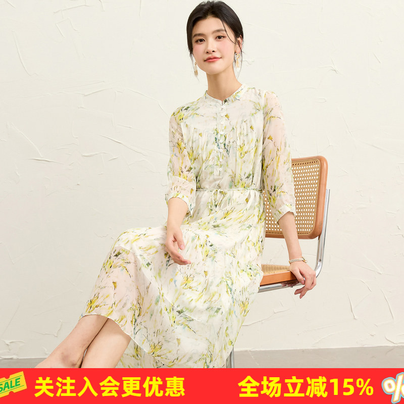 金菊【真丝乔其】立领半开襟印花100%桑蚕丝春夏新款女式连衣裙