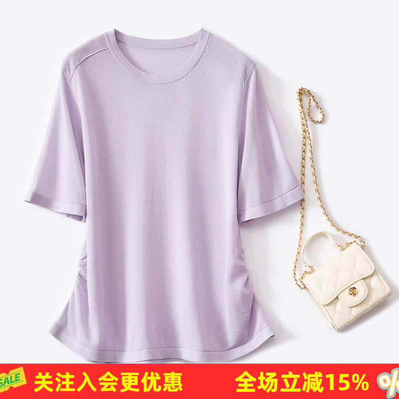 【掐腰设计修身套头针织T恤】26年夏含桑蚕丝圆领短袖女式上衣