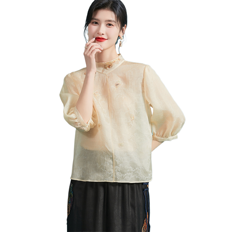 【100%真丝】新中式夏季立领绣花桑蚕丝提花上衣直筒女式T恤