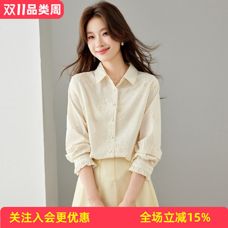 金菊2026秋季花朵刺绣衬衫女翻领木耳边袖口宽松通勤气质长袖衬衣