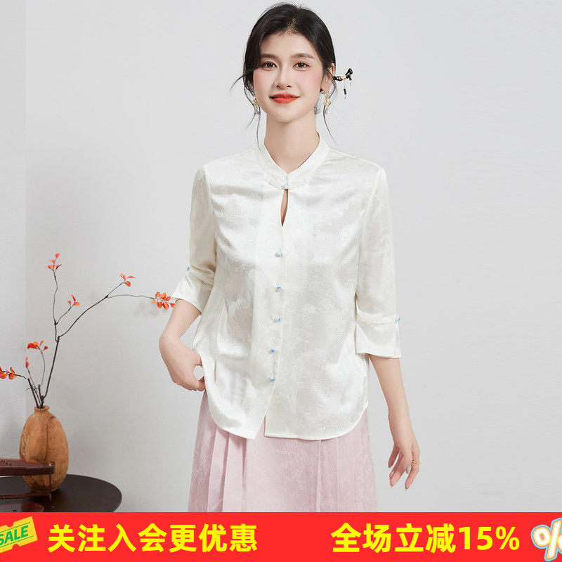 金菊新中式桑蚕丝提花短T夏季圆领五分袖纽扣开衫提花女式衬衫