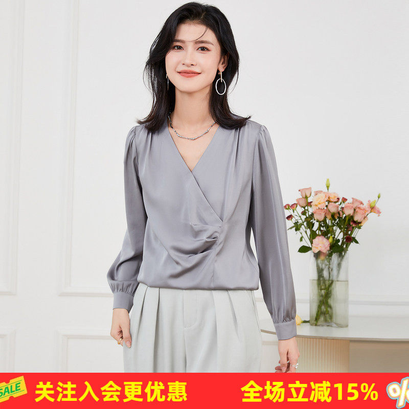 金菊掐腰小蛮腰【桑蚕丝衬衫】新款纯色V领交叉套头女式衬衫