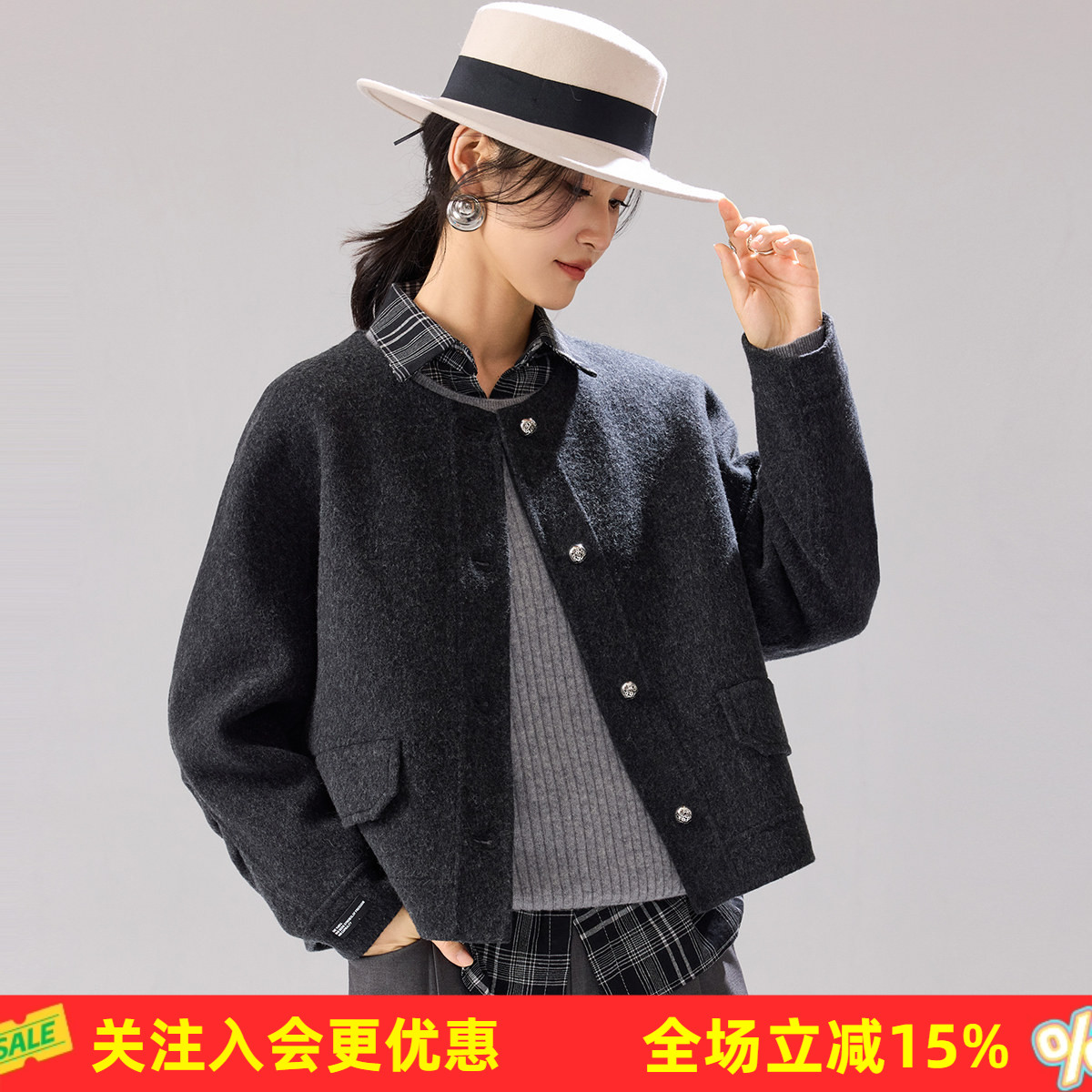 金菊【绵羊毛100%】26年新款冬季短款圆领单排扣通勤女式大衣
