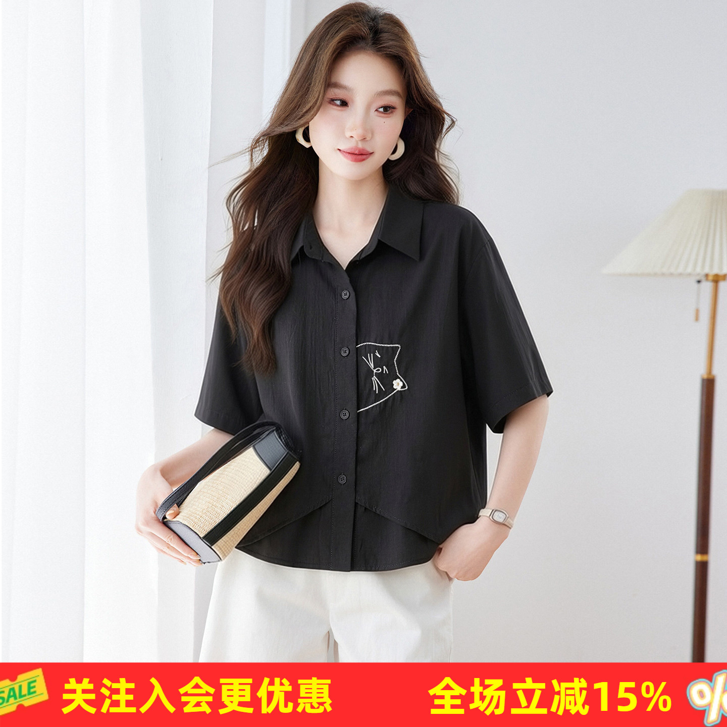 金菊猫咪刺绣夏季新款宽松显瘦短款翻领短袖女式衬衫