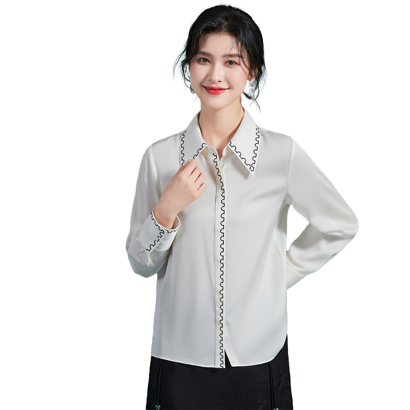 金菊桑蚕丝基础打底上衣春季翻领线条刺绣开衫通勤女式衬衫