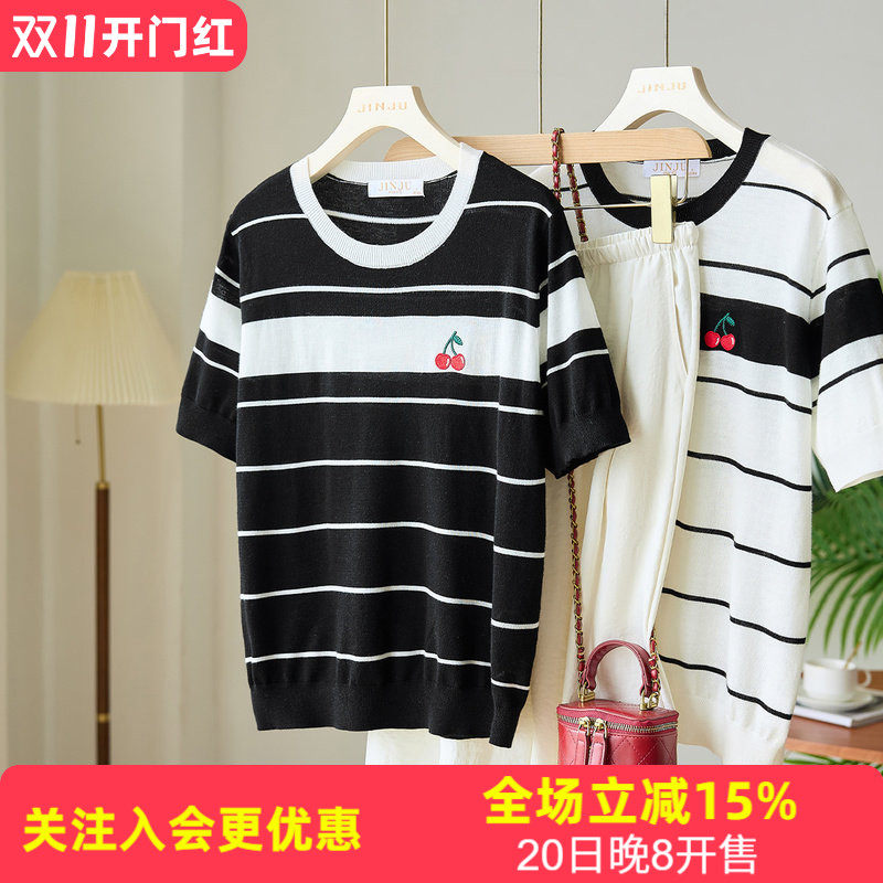 金菊2026新款夏季圆领条纹拼色【樱桃刺绣】短袖针织衫T恤上衣女