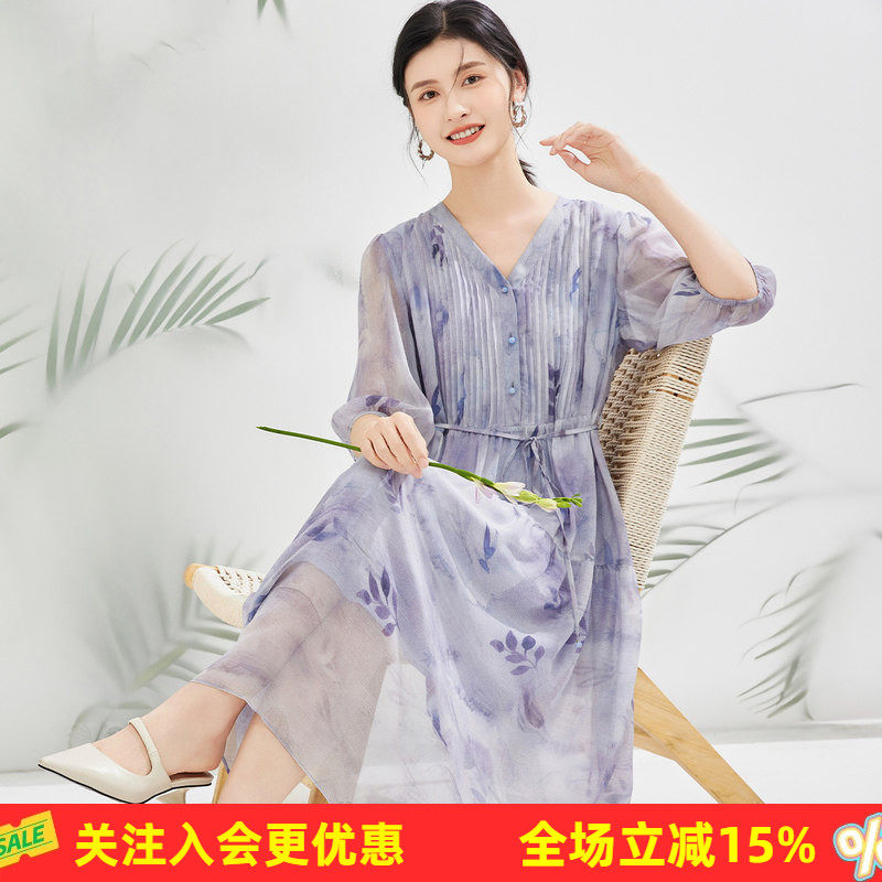 金菊乔琪【桑蚕丝拼接印花连衣裙】2026年夏季新品轻薄飘逸通勤款