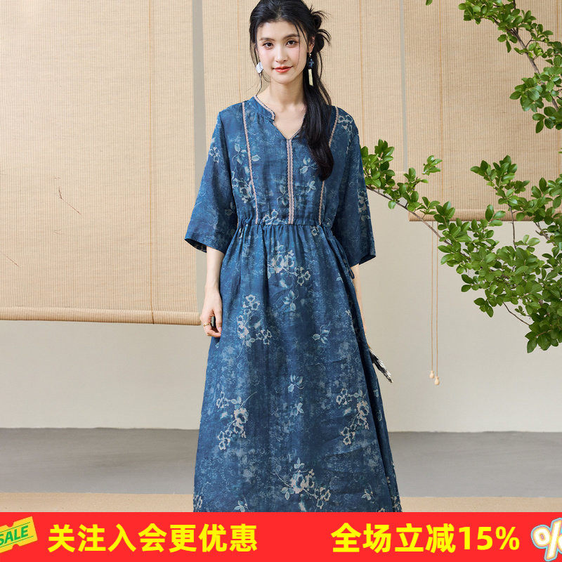 金菊【苎麻】宽松大版2026夏舒适透气中长款女式连衣裙休闲居家