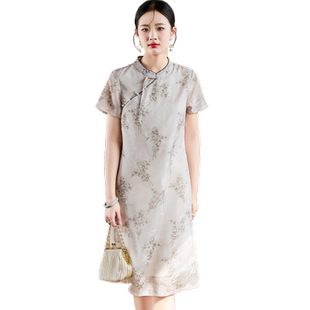 金菊改良国风旗袍夏季新款新中式花卉设计优雅气质高档女式连衣裙