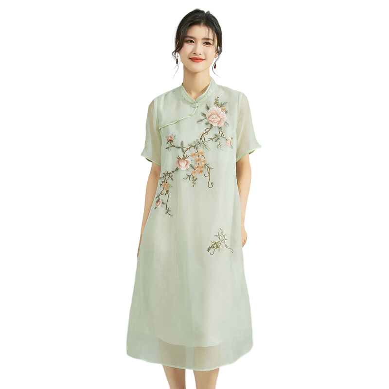 金菊国风刺绣夏季新款短袖复古高端改良旗袍立领桑蚕丝女式连衣裙