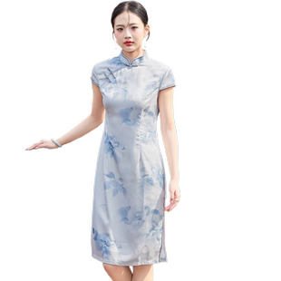 金菊天青色印花国风旗袍夏季新中式立领盘扣修身显瘦女式连衣裙