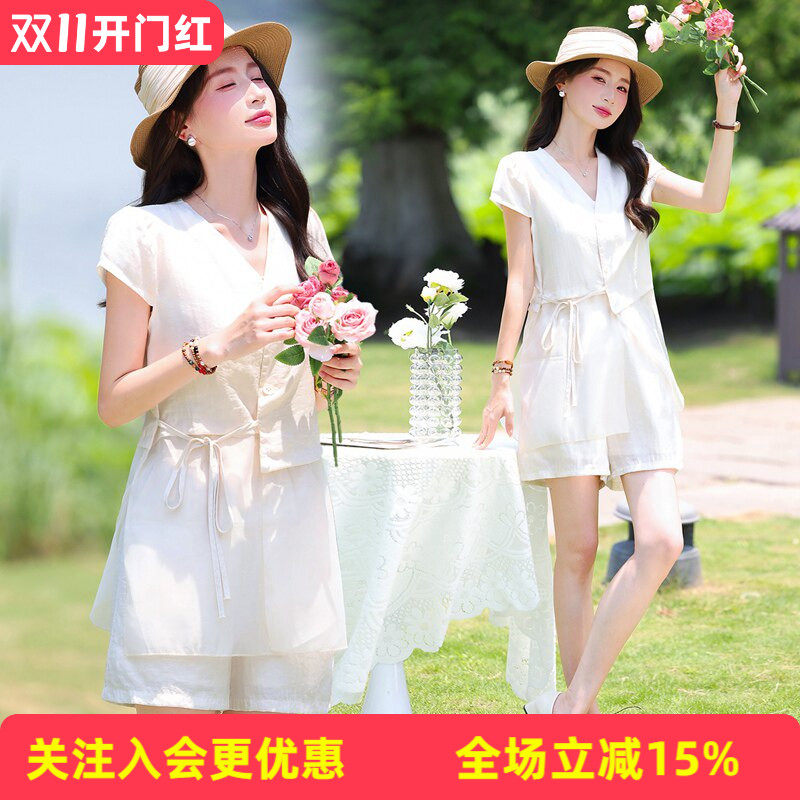 金菊夏季V领短袖单排扣侧边抽绳上衣高腰阔腿短裤清新女式套装