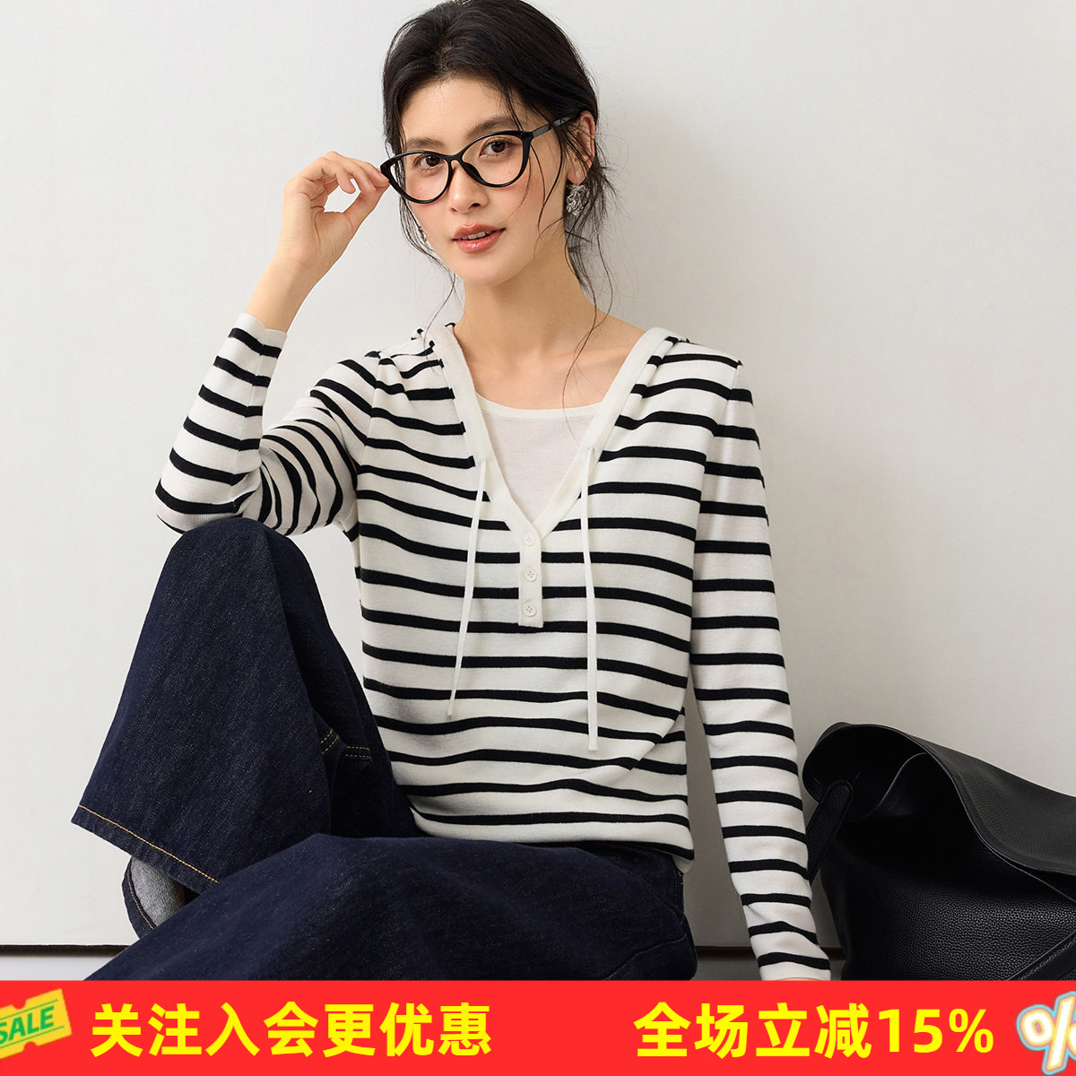 金菊含桑蚕丝26年春款连帽长袖套头条纹抽绳风格休闲女式针织衫