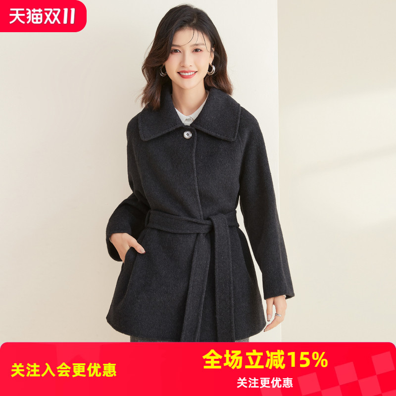 金菊秋冬新款翻领双面呢纯色插肩袖外套直筒系带绵羊毛女式大衣