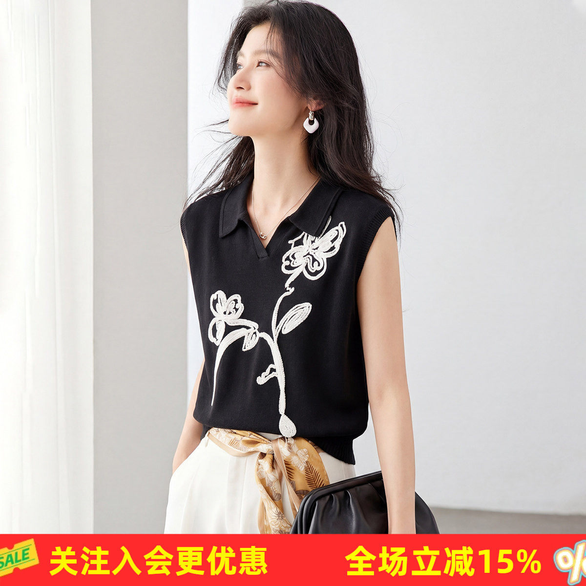 金菊翻领无袖女式马甲落肩袖含桑蚕丝设计感舒适慵懒风针织背心女