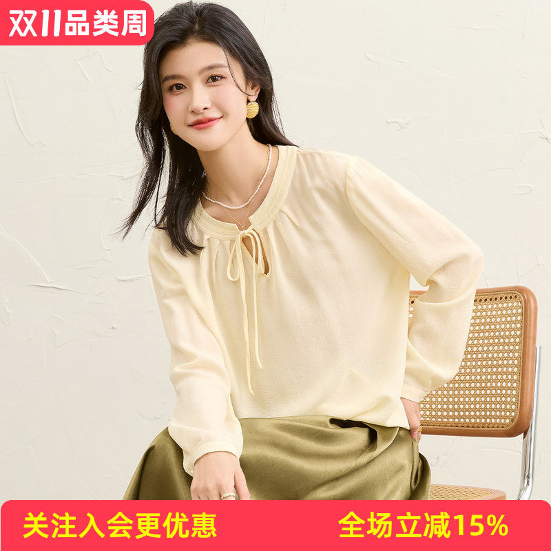 金菊桑蚕丝100%真丝莫兰迪色系26年春夏小众胸前绑带设计感T恤