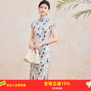 斜襟盘扣花卉女式 金菊 立领包袖 25年新品 连衣裙 桑蚕丝国风旗袍