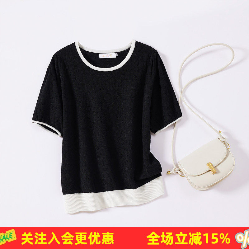 金菊撞色短袖含桑蚕丝春春新款圆领针织提花泡泡袖上衣女式T恤