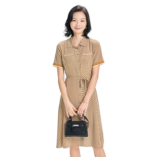 金菊春夏新款衬衫裙短袖几何印花百搭桑蚕丝女式连衣裙