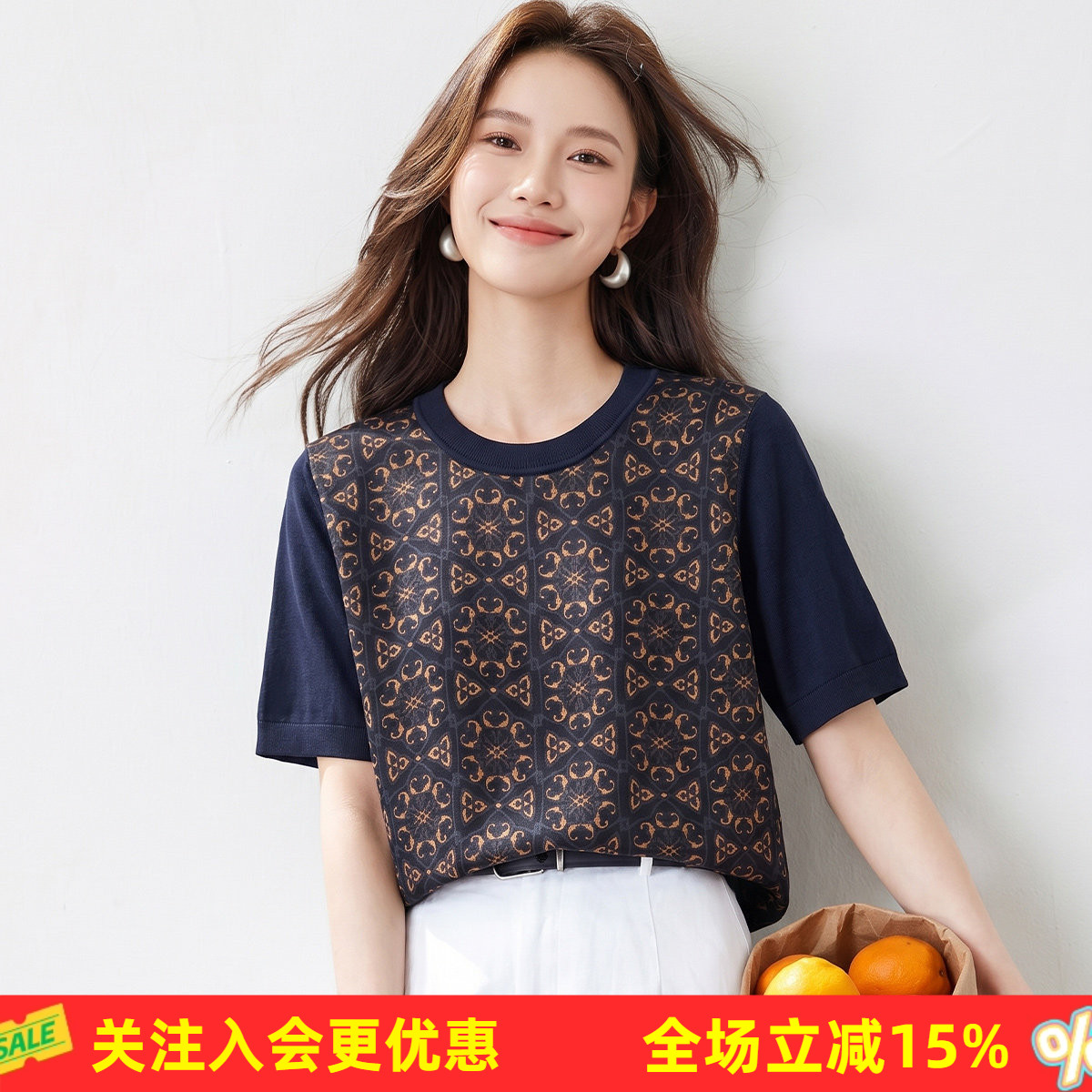 【桑蚕丝&天丝棉】妈妈装欧式印花女式上衣夏季透气圆领短袖T恤