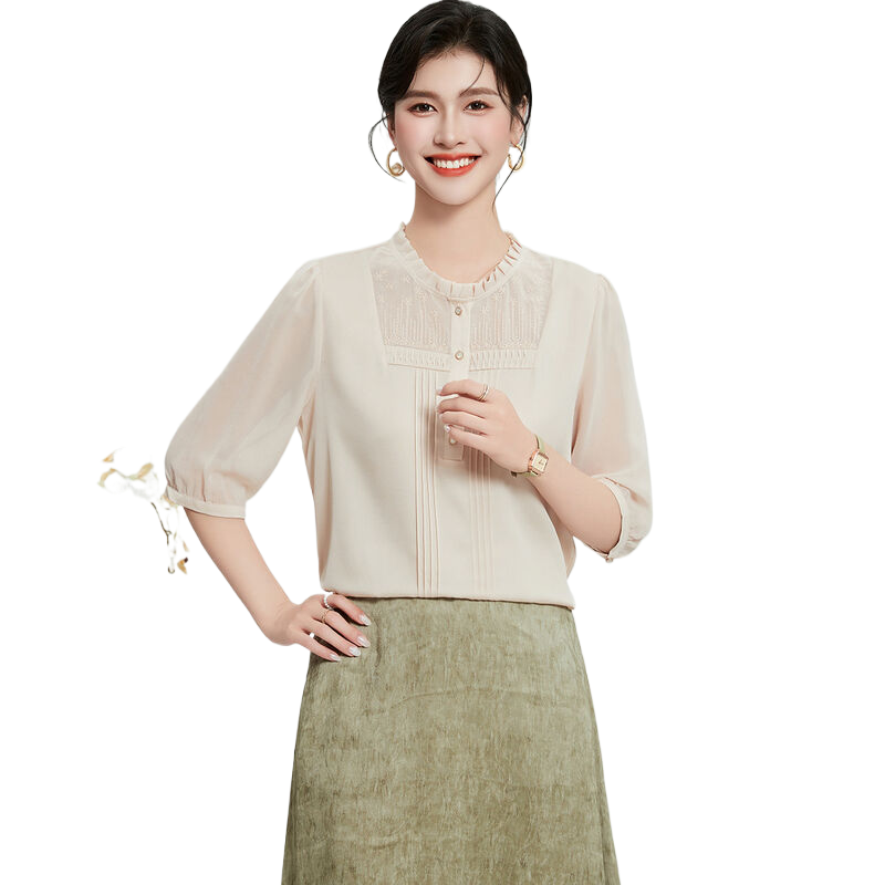 桑蚕丝夏季纯色圆领五分袖上衣舒适透气门襟镂空设计女式T恤