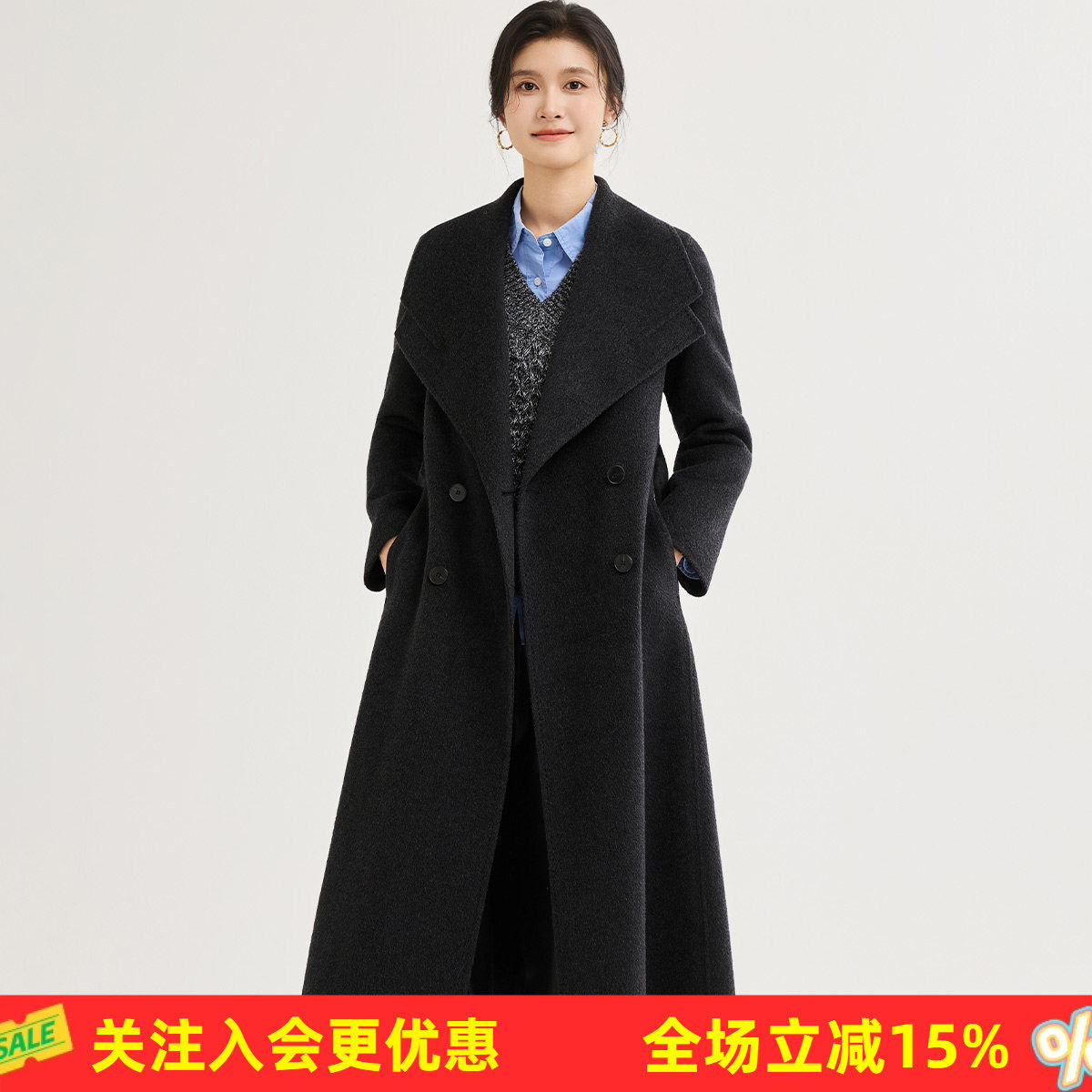 金菊【绵羊毛大衣】冬季26年新款长款系带大翻领高级感开衫外套