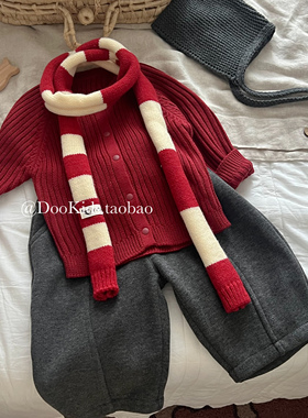 ins婴儿新年红毛衣针织开衫男女宝宝百天周岁外出洋气衣服外套潮