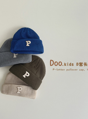 韩国儿童帽子ins婴儿针织休闲字母套头帽秋冬保暖毛线宝宝瓜皮帽
