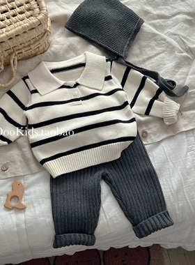 ins韩版婴儿春秋条纹针织上衣裤子套装粗针织坑条休闲长裤两件套