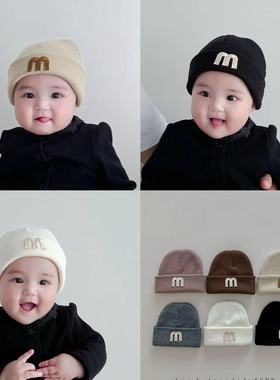 韩版ins风婴儿针织帽子休闲字母套头帽秋冬保暖毛线宝宝瓜皮帽潮