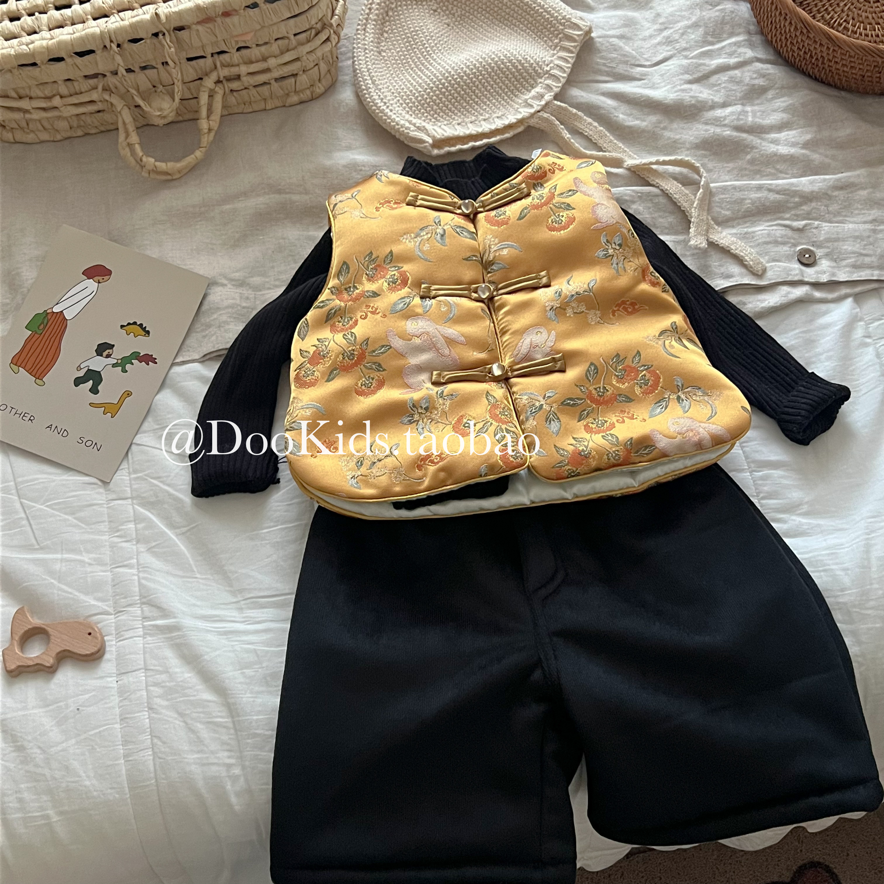 婴儿拜年服冬季儿童金丝提花夹棉马甲套装男女宝宝中式保暖新年服