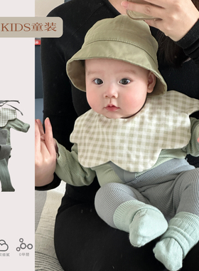 ins韩版春秋季婴儿无骨坑条哈衣男女宝宝高腰护肚弹力举重裤套装