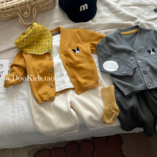 ins婴幼儿韩版秋冬季卡通刺绣V领针织毛衣开衫男女宝宝外套外出服