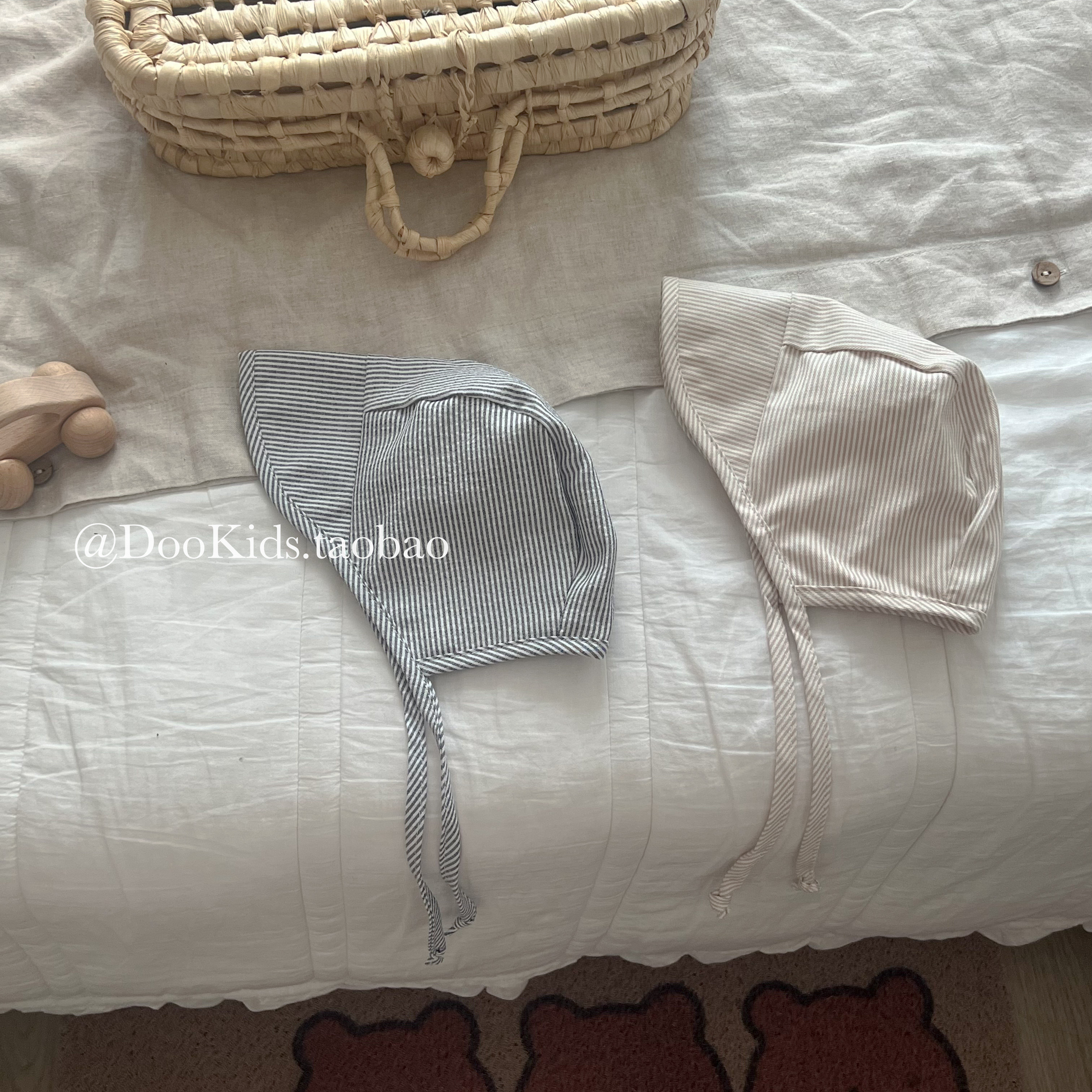 ins婴儿帽子条纹春秋款透气双层护耳帽男女宝宝宫廷帽飞机系带帽