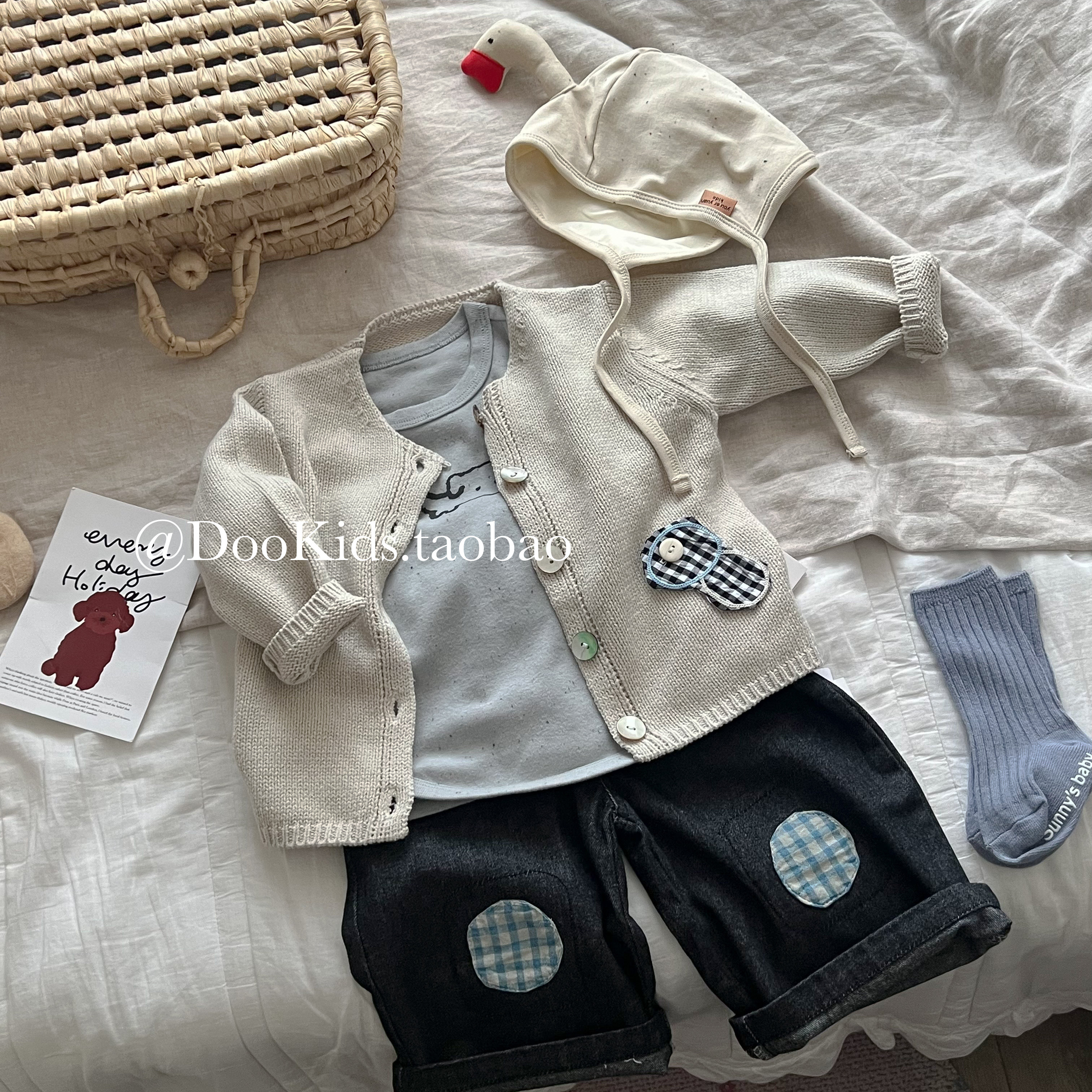 ins韩版春秋季儿童衣服针织开衫洋气拼布牛仔裤男女宝宝外出套装