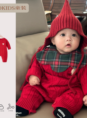 ins婴儿红色新年款麻花针织毛线连体衣男女宝宝毛衣秋冬洋气爬服