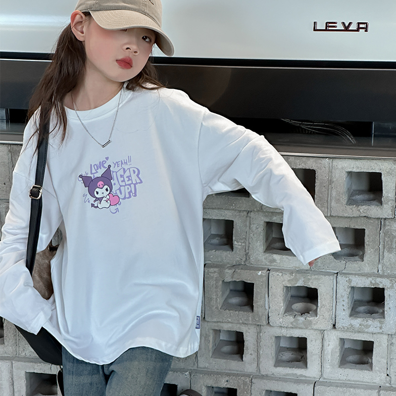 女童中长款白t恤洋气上衣纯棉库洛米儿童长袖打底衫2025春秋新款
