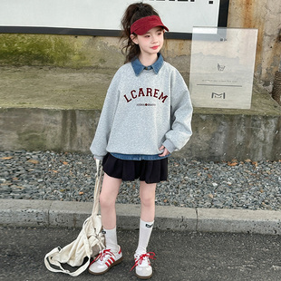 女童卫衣春秋儿童牛仔领polo衫 中大童宽松长袖 上衣服女孩2025秋装