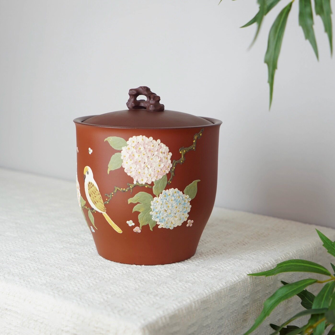 宜兴紫砂茶叶罐禅韵绣球雀枝精品