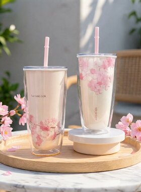 乐扣乐扣樱花吸管杯大人ins少女心大容量塑料可爱奶茶水杯HAP509